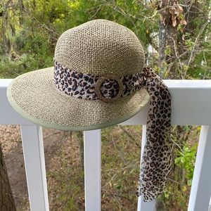 Straw Hat w/ Cheetah Animal Print Scarf Ribbon + Olive Green Trim NWT